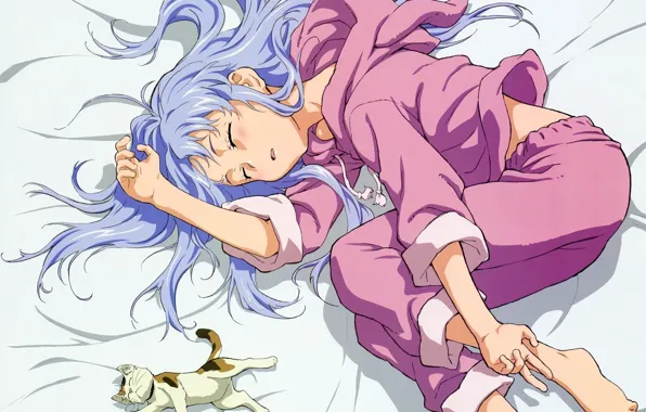 Картинка сон, девочка, пижама, котёнок, To Aru Majutsu no Index, голубые волосы, на постели, Индекс волшебства
