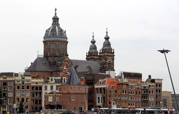 Картинка башня, дома, Амстердам, собор, Нидерланды