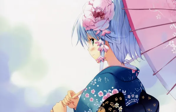 Картинка цветок, взгляд, девушка, зонт, аниме, юката
