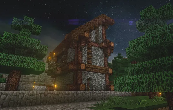 Картинка небо, деревья, город, дом, стена, здание, день, Minecraft