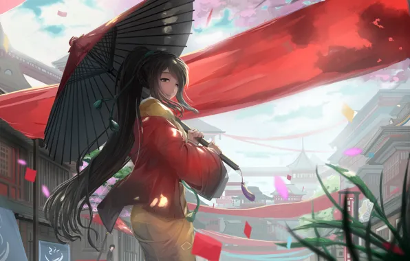 Картинка девушка, праздник, зонт, аниме, сакура, арт, кимоно, kikivi