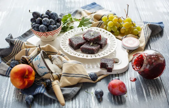 Картинка ягоды, виноград, сахар, фрукты, натюрморт, сливы, персик, мармелад, нектарин, Julia Khusainova