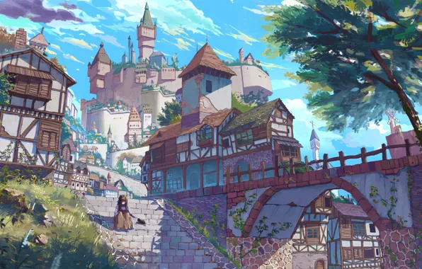 Картинка трава, деревья, город, дома, лестница, башни, голубое небо, каменный мост, летний день, девушка с котом, …