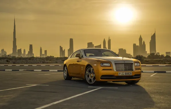 Картинка Rolls-Royce, Car, Dubai, Gold, Luxury, Wraith, Cityscape