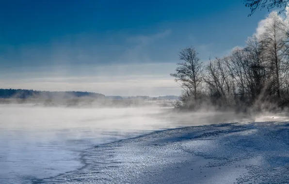 Картинка зима, небо, снег, деревья, горы, туман, озеро, пар