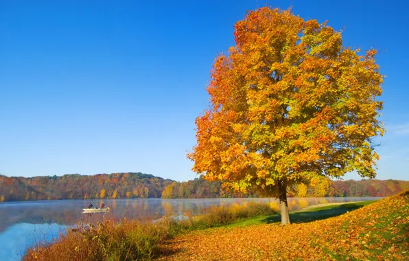 Картинка осень, небо, река, дерево, настроение, холмы, листва, лодка, тишина