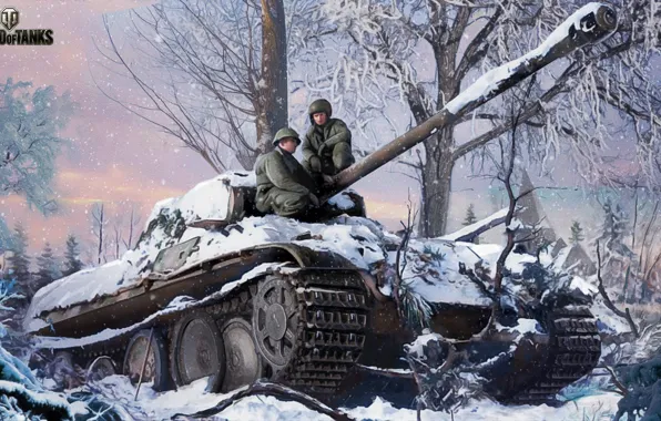 Картинка зима, лес, снег, деревья, рисунок, арт, Пантера, танк, немецкий, средний, World of Tanks, Nikita Bolyakov, …