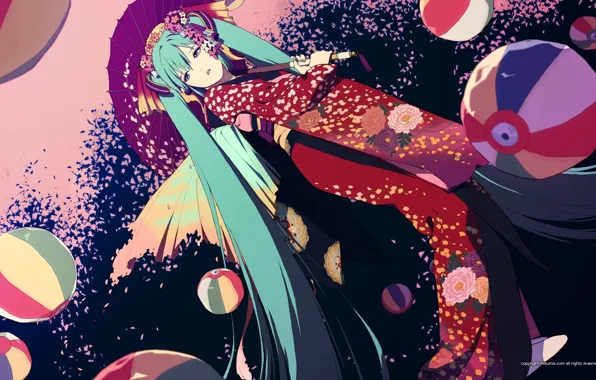 Картинка мячи, зонт, кимоно, причёска, Hatsune Miku, Vocaloid, надувные