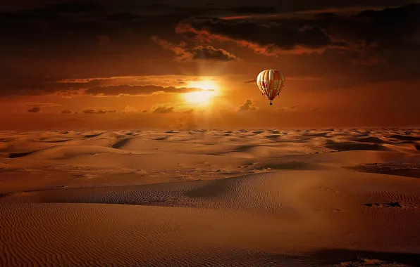 Картинка песок, небо, солнце, облака, барханы, воздушный шар, восход, пустыня
