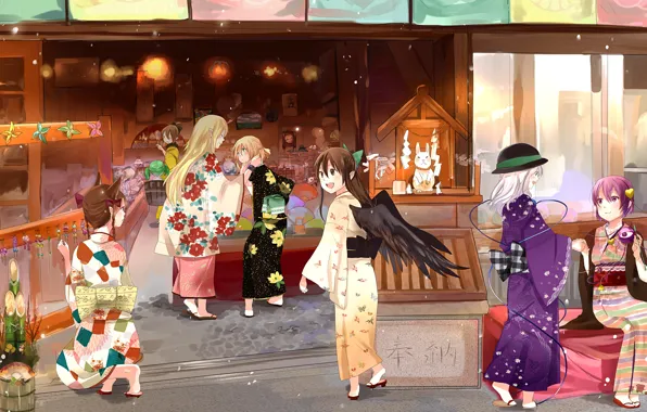 Картинка аниме, арт, девочка, лавка, кимоно, магазин