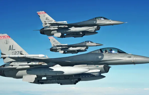 Картинка небо, истребители, самолёты, ВВС США, General Dynamics F-16 Fighting Falcon, лёгкие, четвёртого поколения, многофункциональные, «Сражающийся …