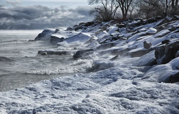 Картинка waves, storm, Winter, rocks, snow, seacoast