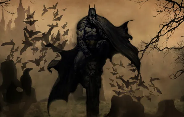 Картинка маска, плащ, ворон, мыши, Batman, супергерой, летучие, надгробие
