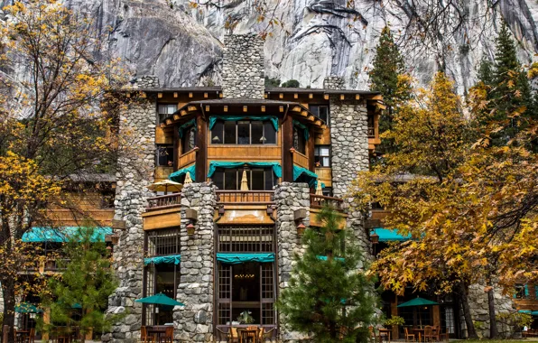 Картинка осень, деревья, скалы, Калифорния, США, отель, Йосемити, California, Yosemite National Park, Ahwanhnee Hotel
