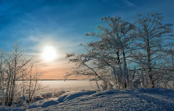 Картинка зима, пейзаж, озеро, утро