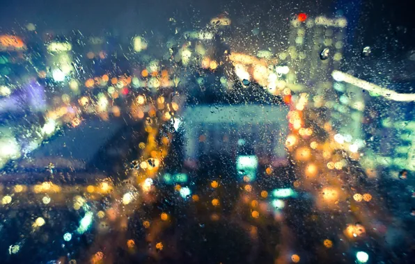 Картинка стекло, капли, свет, город, дождь, мокрое, боке
