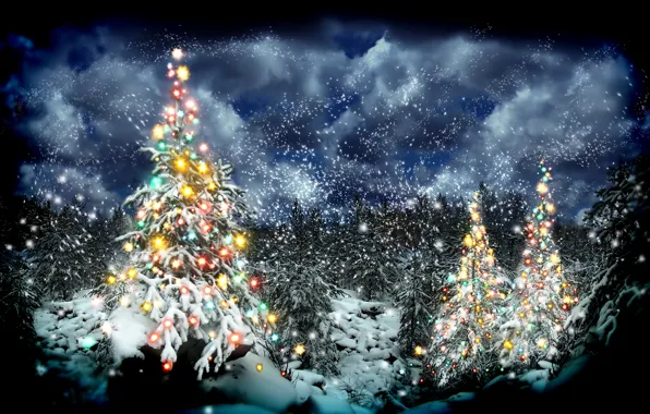 Картинка зима, лес, снег, елка, Новый год, гирлянда, Christmas, winter, snow, New Year, garland, 2016