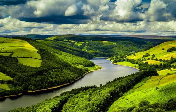 Картинка лес, облака, пейзаж, природа, река, фото, поля, Великобритания, Ladybower