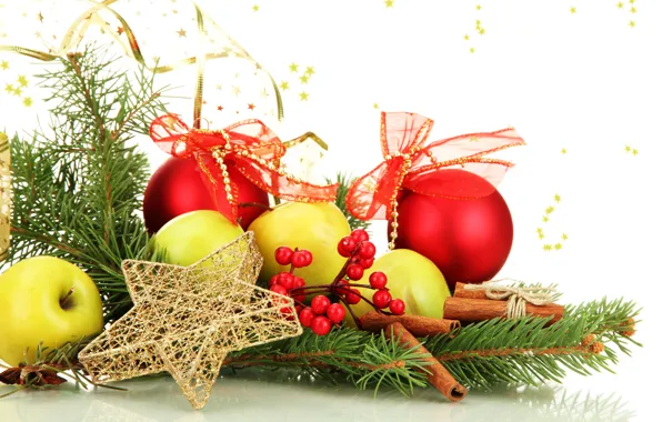 Картинка шарики, ягоды, шары, яблоки, игрушки, звезда, ель, ветка, палочки, Новый Год, зеленые, Рождество, красные, ёлка, …
