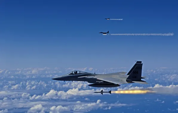 Картинка небо, облака, обои, атака, истребитель, ракеты, истребители, полёт, самолёт, f15, fighter, самолёты, air, jet, воздушная, …