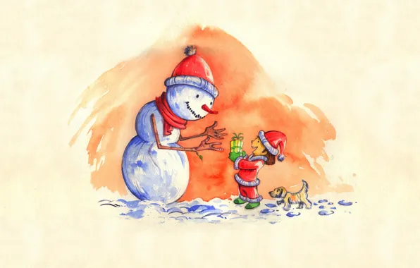 Картинка зима, дети, новый год, арт, снеговики