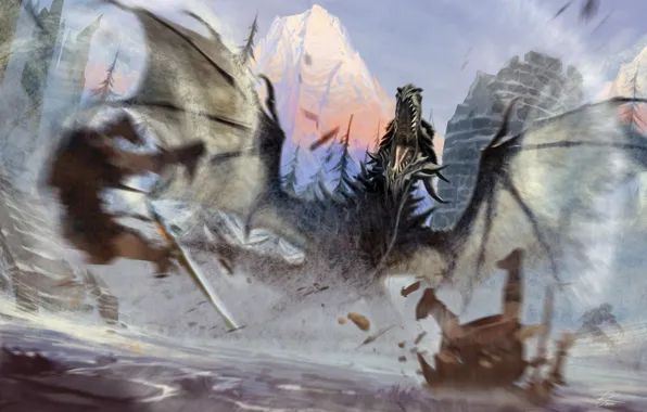 Картинка дракон, башня, летит, Skyrim