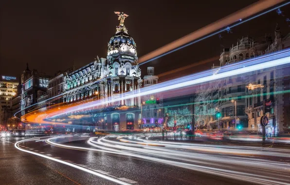 Картинка дорога, ночь, город, здания, выдержка, Испания, Madrid, Мадрид