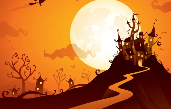 Картинка птицы, замок, праздник, луна, гора, хэллоуин, баба-яга