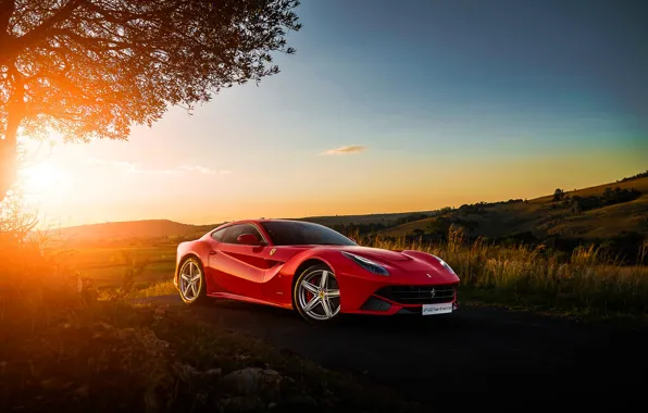 Картинка Ferrari, Red, Sky, Front, Sunset, Africa, South, Supercar, Berlinetta, F12, Ligth