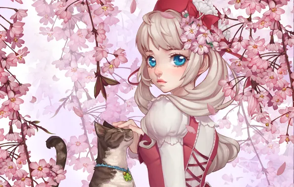 Картинка кошка, девушка, цветы, сакура, арт, ошейник, бант, колокольчик, dong xiao