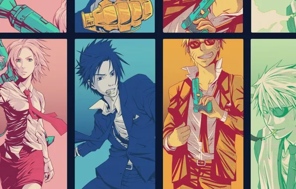 Картинка пистолет, граната, сигарета, наруто, Naruto, ракетница, sasuke uchiha, naruto uzumaki, sakura haruno, kakashi hatake