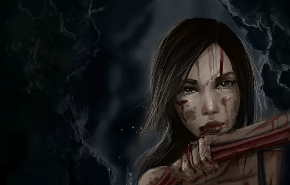 Картинка девушка, лицо, кровь, арт, Lara Croft, раны