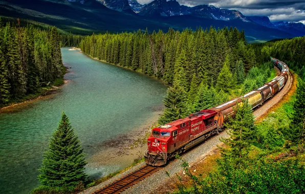 Картинка лес, деревья, горы, природа, река, поезд, Канада, железная дорога, Альберта, Banff National Park, Alberta, Canada, …