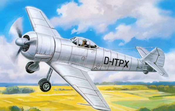 Картинка небо, облака, деревья, земля, рисунок, поля, самолёт, WW2, Bf.109X