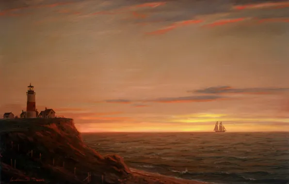 Картинка море, небо, свет, пейзаж, закат, берег, маяк, корабль, парусник, картина, William Davis