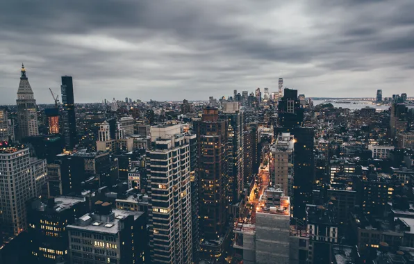Картинка облака, улица, Нью-Йорк, панорама, сумерки, Манхэттен, Соединенные Штаты, дождливый