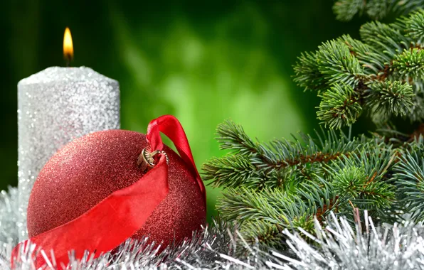 Картинка шары, елка, свеча, Новый Год, Рождество, мишура, Christmas, New Year, decoration