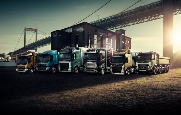 Картинка Volvo, блик, bridge, front, трейлер, тягач, Trucks, модельный ряд, самосвал