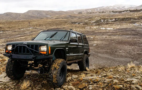 Картинка горы, камни, внедорожник, бездорожье, американский, полноприводный, Jeep Cherokee