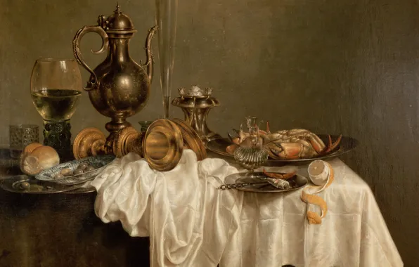 Картинка лимон, Heda, Willem Claesz, Breakfast with a Lobster, лобстер, белая скатерть