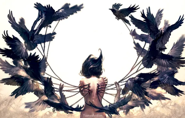Картинка девушка, птицы, кровь, спина, крылья, аниме, арт, цепи, ворон, wenqing yan