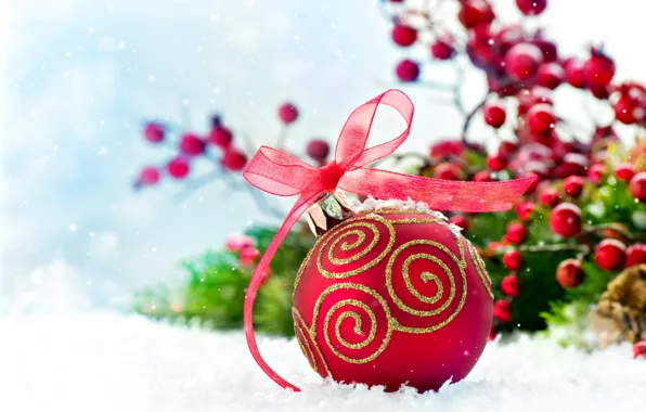 Картинка макро, снег, красный, шар, ветка, ягода, Red, snow, ball, berries, с орнаментом