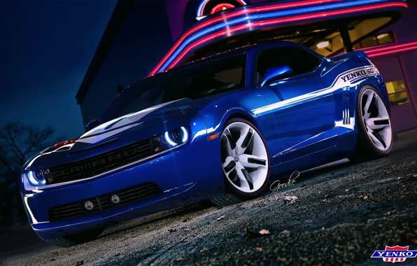 Картинка синий, Chevrolet, Camaro, шевроле, мускул кар, блик, Blue, muscle car, front, неоновые огни