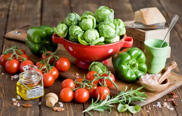 Картинка зеленый, масло, сыр, посуда, перец, овощи, помидоры, капуста, Anna Verdina