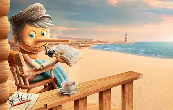 Картинка море, счастье, отдых, чай, берег, маяк, шарфик, Пиноккио