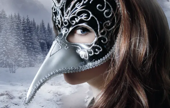 Картинка зима, взгляд, девушка, снег, деревья, лицо, фон, волосы, маска