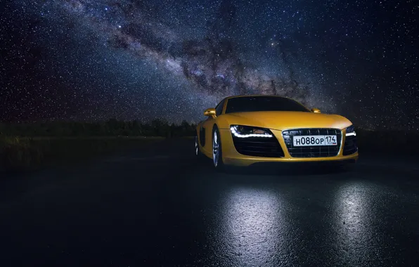 Картинка Audi, Star, Space, Night, Yellow, Road, Supercar, Reflection