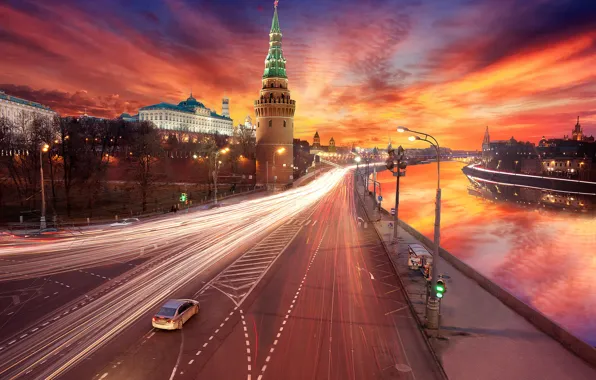 Картинка закат, обработка, Москва, кремль