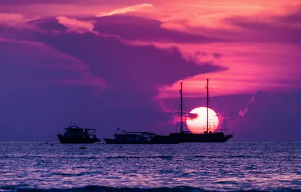 Картинка солнце, закат, город, корабли, Таиланд, Сиамский залив, Паттайя