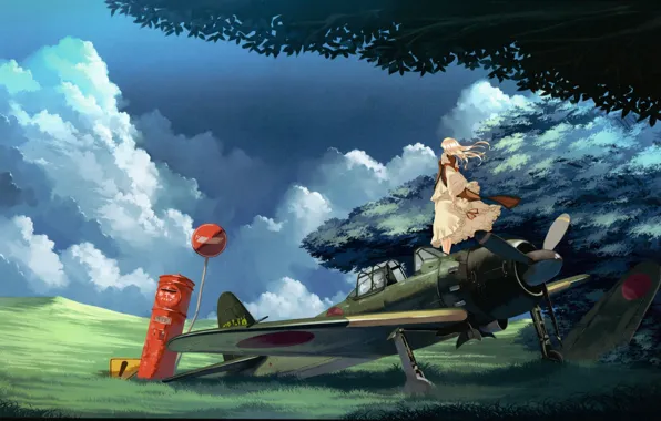 Картинка трава, облака, самолет, дерево, ветер, знак, длинные волосы, touhou, art, военный, yakumo yukari, garnet